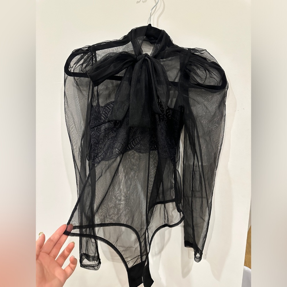 Brand New Nasty Gal Lace Organza Tie Bodysuit